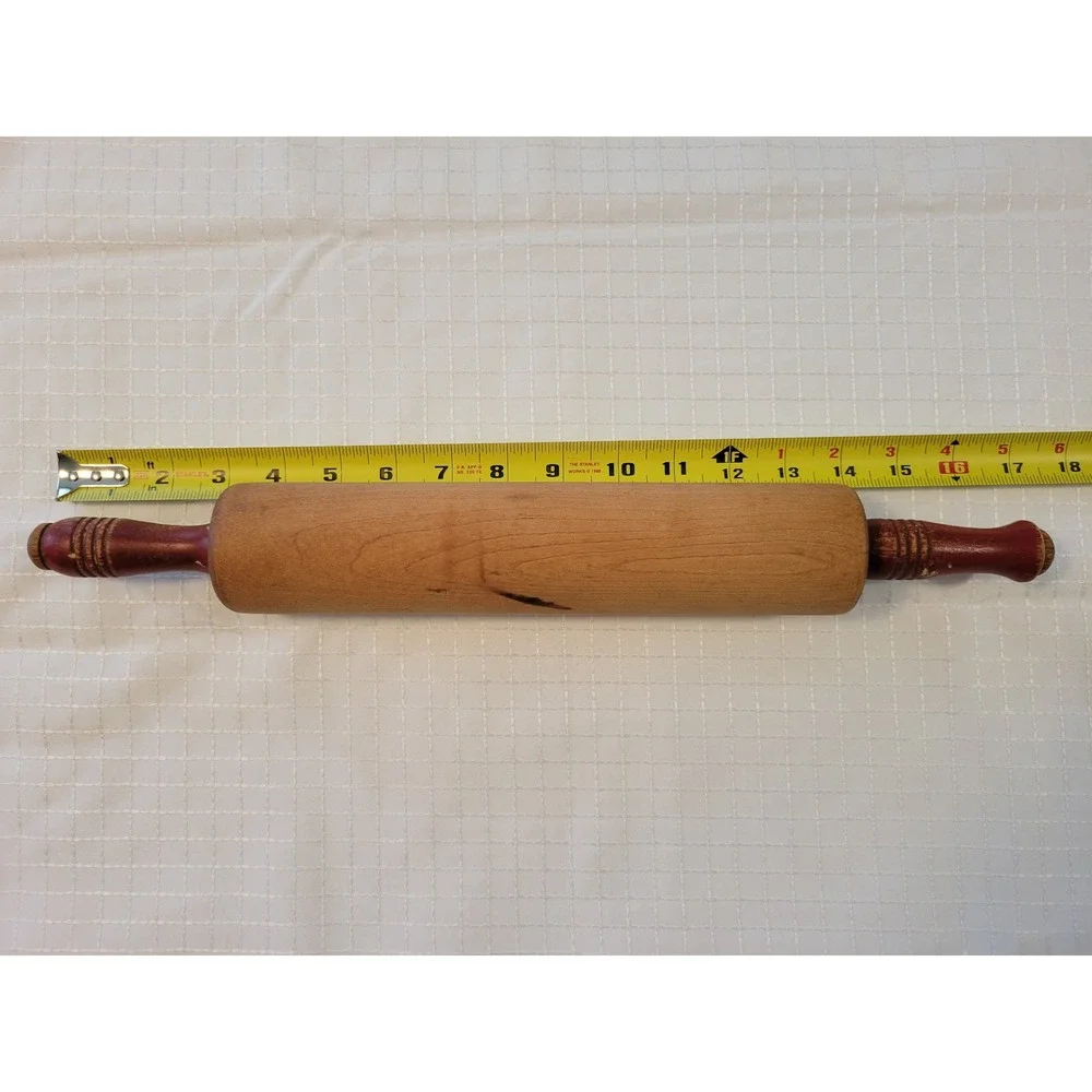 Vintage Wooden Rolling Pin Red Painted Handles Farmhouse Kitchen Primitive